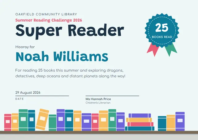 Ocean Blue Ribbon Reading Challenge Certificate template, A4 landscape, in ocean blue