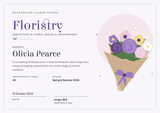 Slate Ribbon Floristry Course Certificate template, A4 landscape, in slate grey