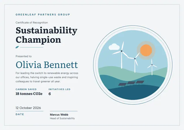 Sky Blue Sunburst Sustainability Champion Award template, A4 landscape, in sky blue