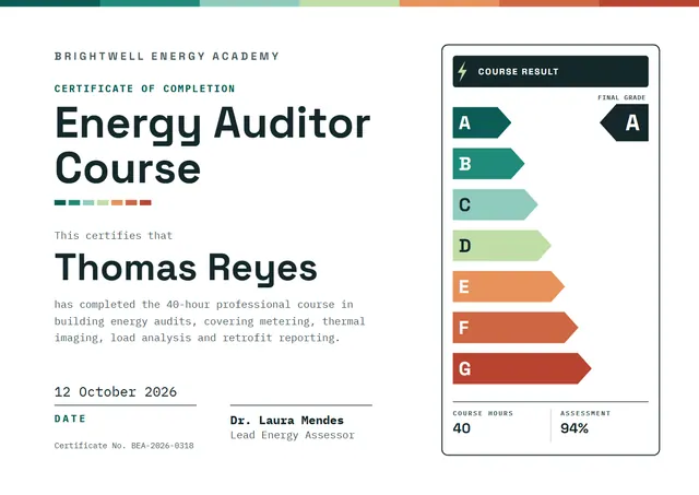 Orange Modern Energy Auditor Course Certificate template, A4 landscape, in orange