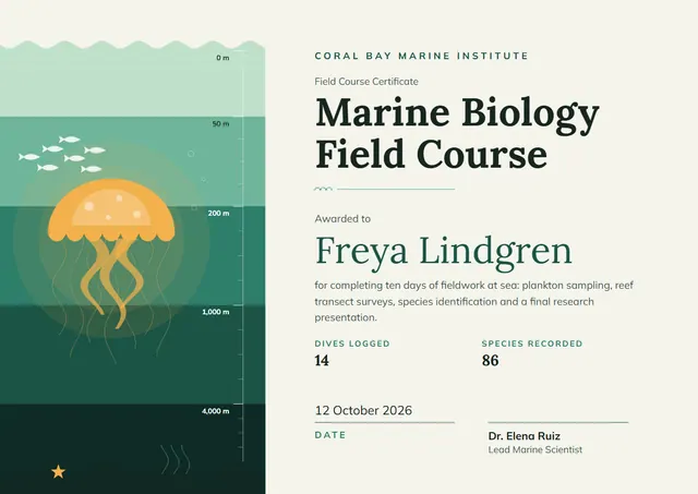 Mint Sunburst Marine Biology Field Course Certificate template, A4 landscape, in mint