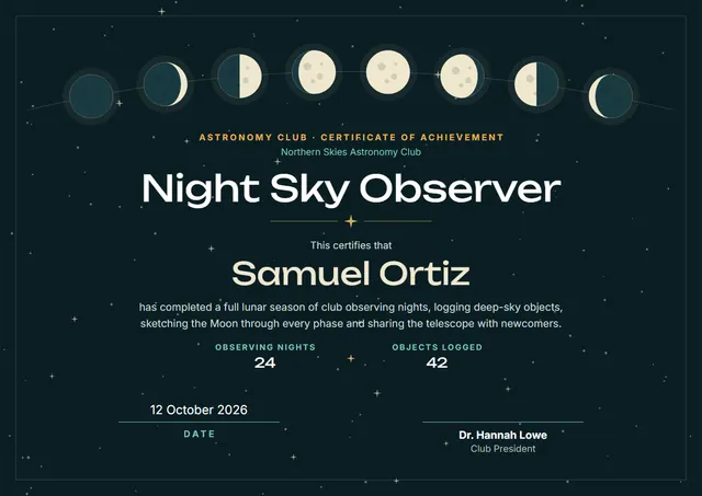 Black Orbit Astronomy Club Certificate template, A4 landscape, in black