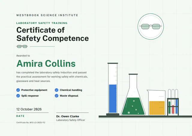 Emerald Seal Laboratory Safety Certificate template, A4 landscape, in emerald