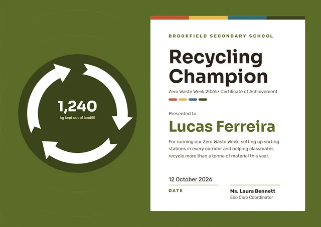 Olive Wave Recycling Champion Award template, A4 landscape, in olive