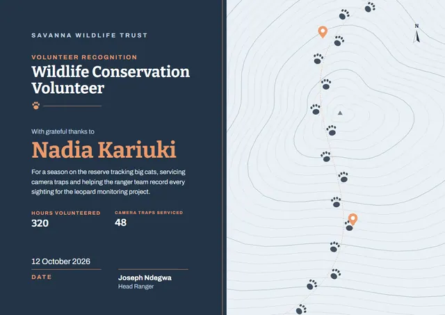 Navy Globe Wildlife Conservation Volunteer Certificate template, A4 landscape, in navy