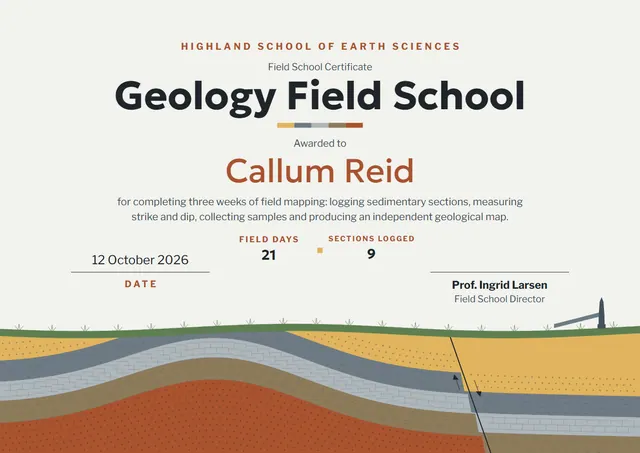 Brick Red Geometric Geology Field School Certificate template, A4 landscape, in brick red