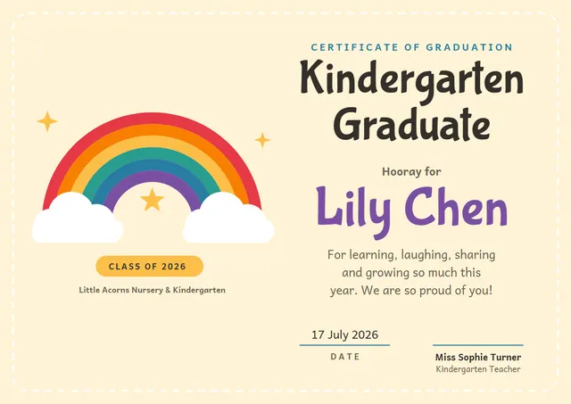 Purple Starry Preschool Graduation Certificate template, A4 landscape, in purple