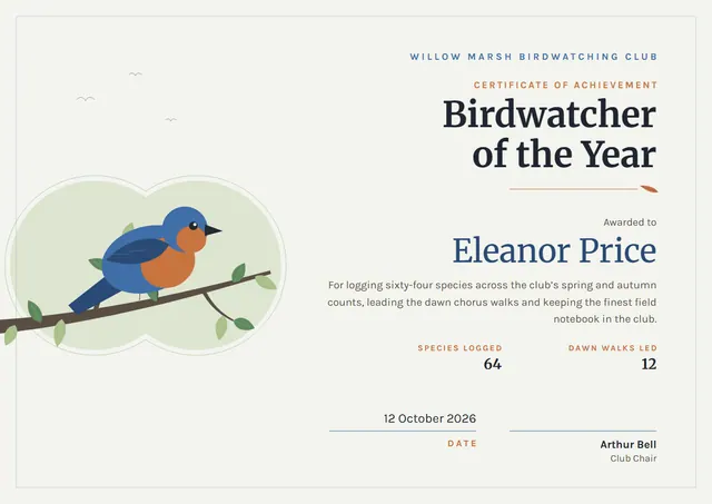 Sage Leafy Birdwatching Club Certificate template, A4 landscape, in sage
