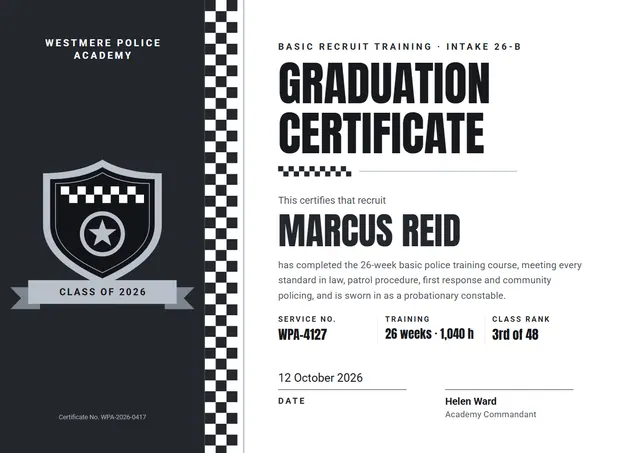 Black Starry Police Academy Graduation Certificate template, A4 landscape, in black