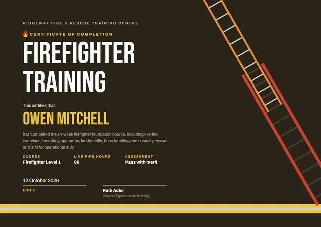 Chocolate Flame Firefighter Training Certificate template, A4 landscape, in chocolate