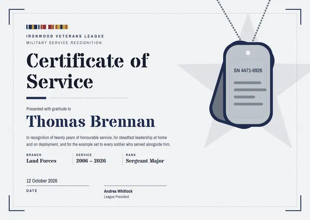 Navy Ribbon Military Service Recognition Certificate template, A4 landscape, in navy