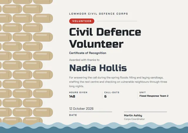 Gold Wave Civil Defence Volunteer Certificate template, A4 landscape, in gold