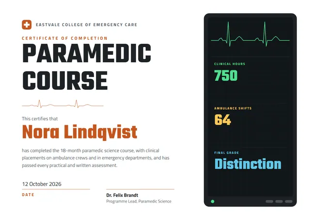 Terracotta Chart Paramedic Course Certificate template, A4 landscape, in terracotta