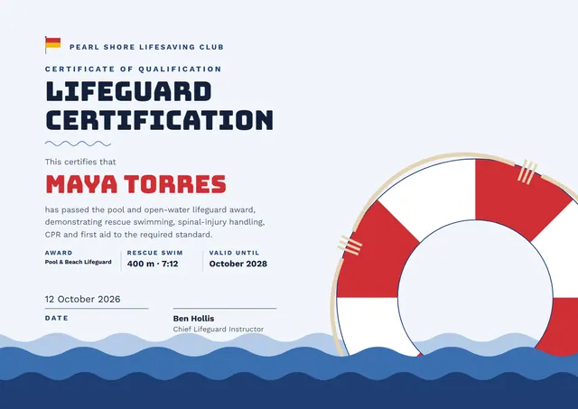 Red Wave Lifeguard Certificate template, A4 landscape, in red