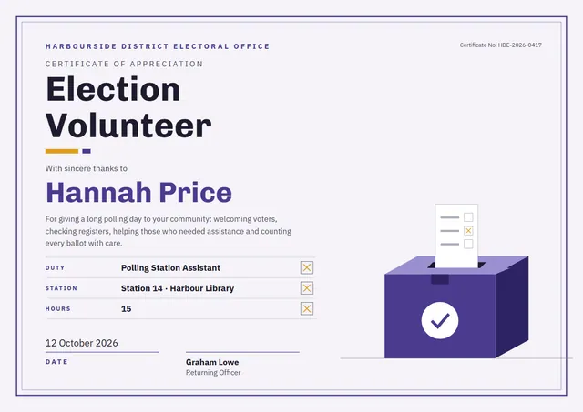 Slate Double-Border Election Volunteer Certificate template, A4 landscape, in slate grey
