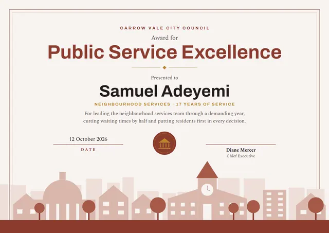 Brick Red Crown Public Service Excellence Award template, A4 landscape, in brick red