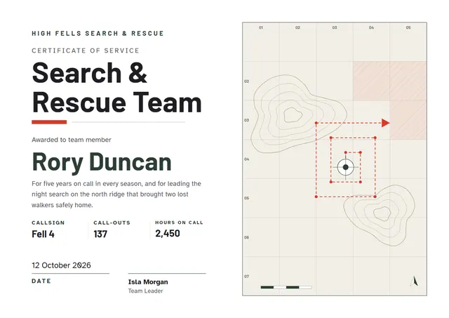 Red Wave Search & Rescue Team Certificate template, A4 landscape, in red