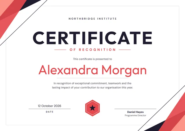 Red Starry Certificate of Recognition template, A4 landscape, in red