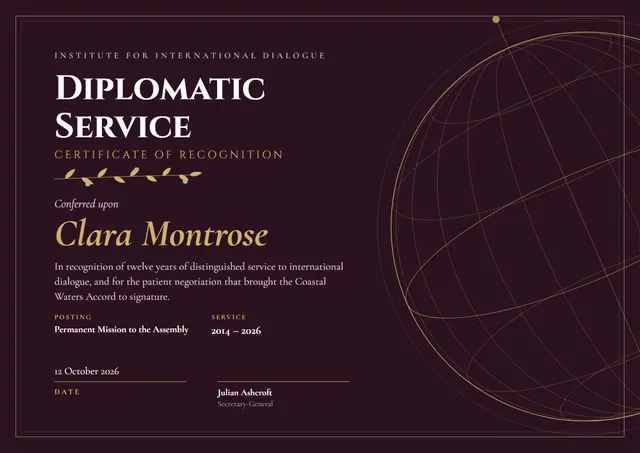 Plum Leafy Diplomatic Service Recognition Certificate template, A4 landscape, in plum