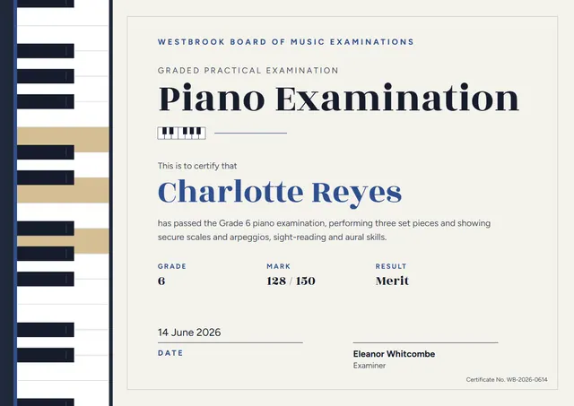 Ocean Blue Double-Border Piano Grade Exam Certificate template, A4 landscape, in ocean blue