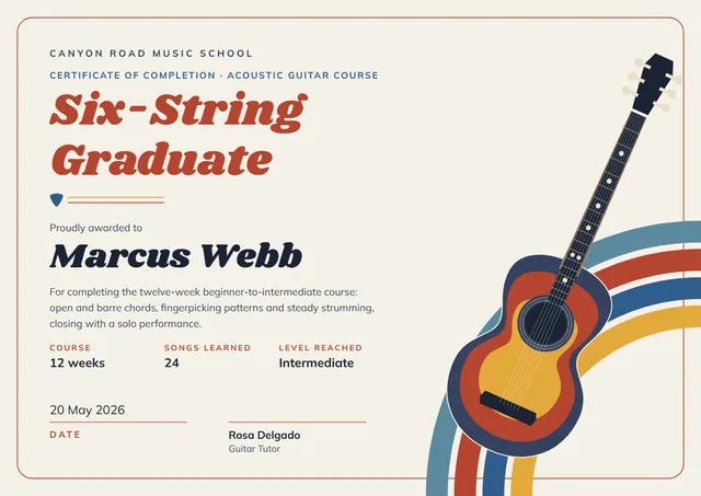 Terracotta Rosette Guitar Course Certificate template, A4 landscape, in terracotta