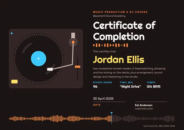Black Starry Music Production Course Certificate template, A4 landscape, in black