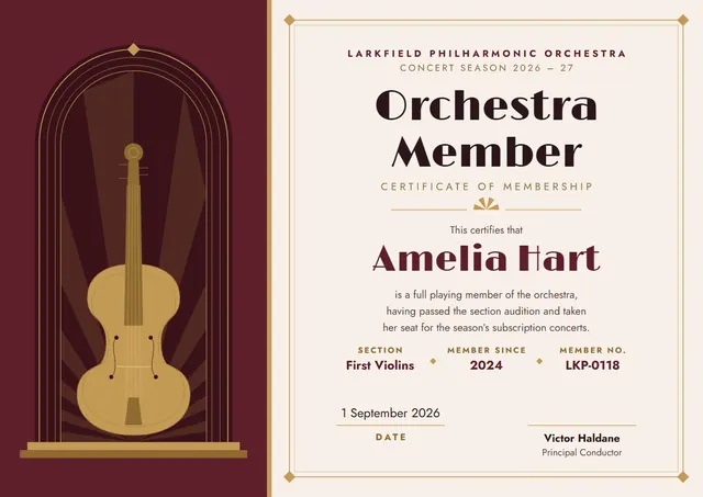Burgundy Sunburst Orchestra Membership Certificate template, A4 landscape, in burgundy