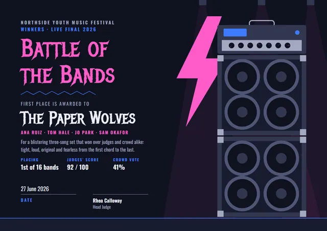 Rose Mountain Battle of the Bands Certificate template, A4 landscape, in rose