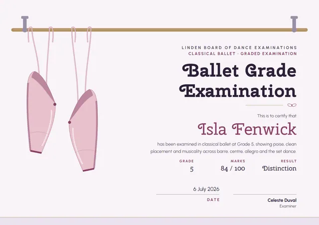 Raspberry Ribbon Ballet Grade Exam Certificate template, A4 landscape, in raspberry