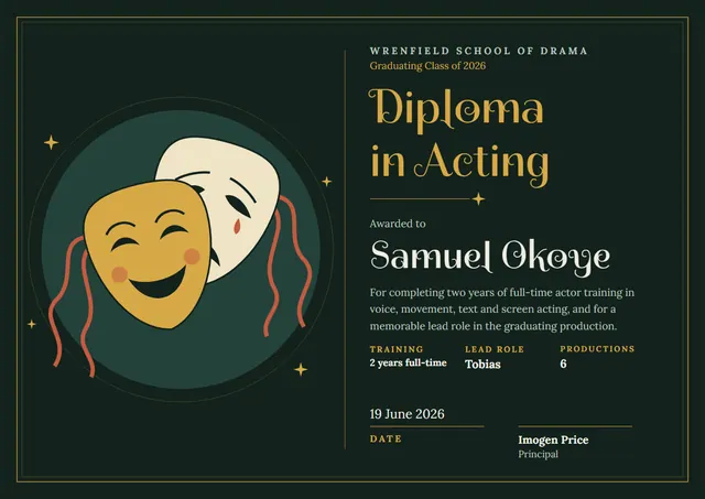 Forest Green Ribbon Drama School Certificate template, A4 landscape, in forest green