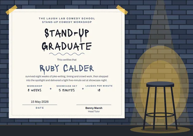 Steel Blue Wave Stand-up Comedy Workshop Certificate template, A4 landscape, in steel blue