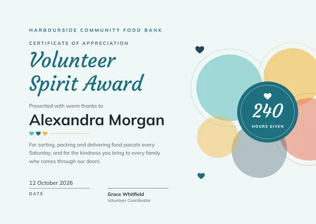 Ocean Blue Heart Volunteer Appreciation Certificate template, A4 landscape, in ocean blue