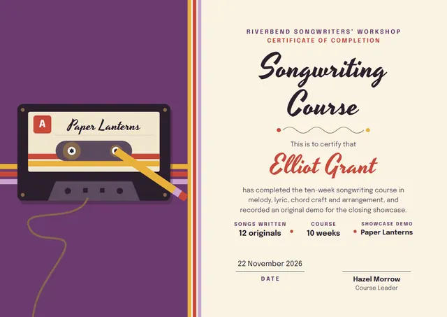 Plum Badge Songwriting Course Certificate template, A4 landscape, in plum