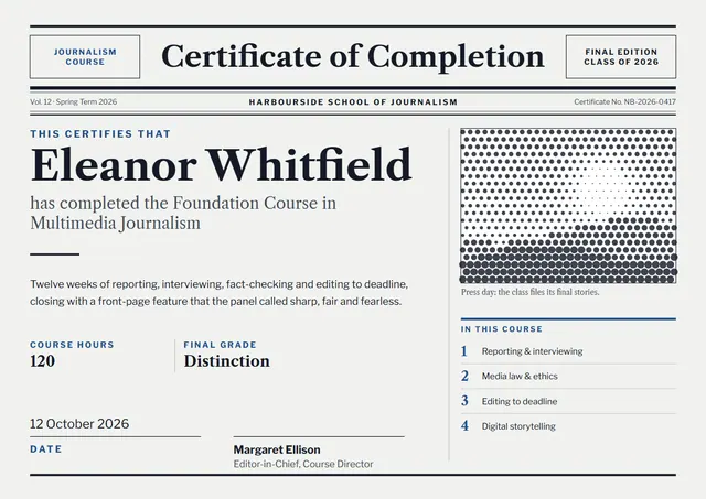 Midnight Bordered Journalism Course Certificate template, A4 landscape, in midnight blue