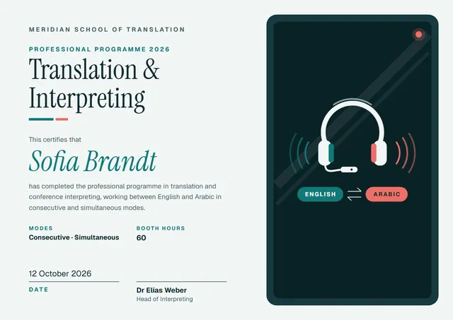 Forest Green Wave Translation & Interpreting Certificate template, A4 landscape, in forest green