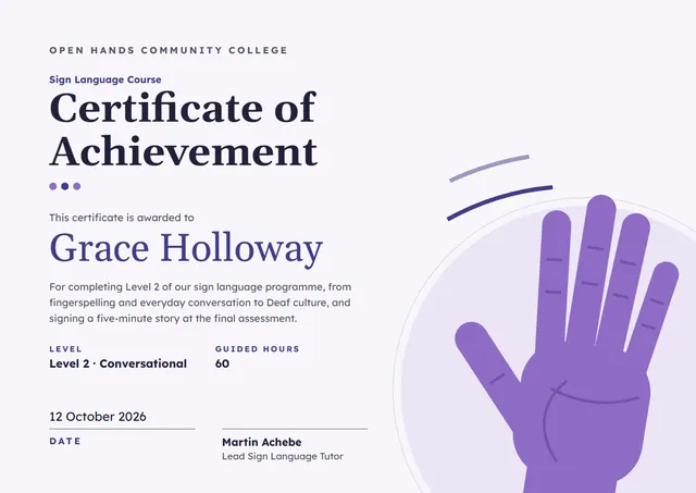 Slate Wave Sign Language Course Certificate template, A4 landscape, in slate grey