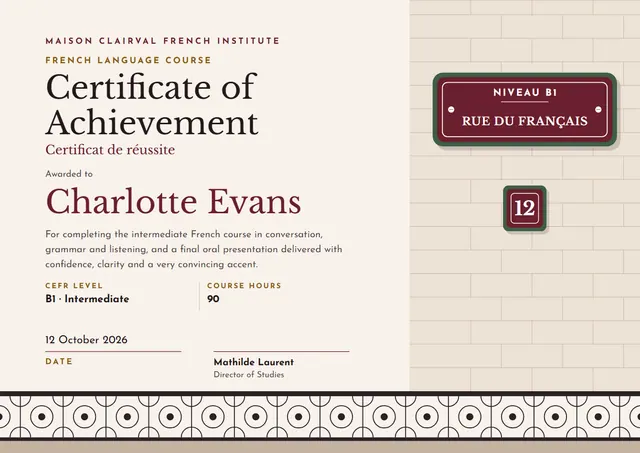 Burgundy Rosette French Language Course Certificate template, A4 landscape, in burgundy