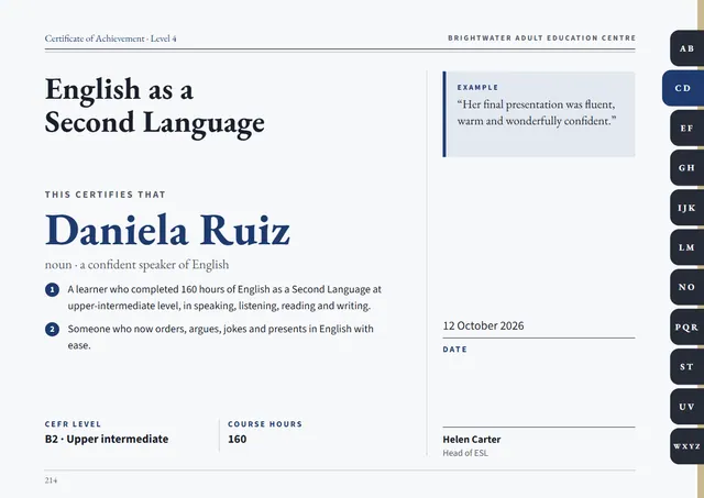 Navy Banded English as a Second Language Certificate template, A4 landscape, in navy
