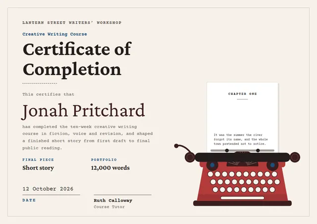 Raspberry Ribbon Creative Writing Course Certificate template, A4 landscape, in raspberry