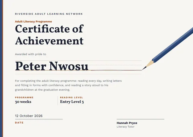 Ocean Blue Banded Adult Literacy Programme Certificate template, A4 landscape, in ocean blue