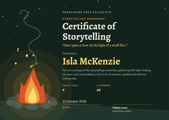 Forest Green Moonlit Storytelling Workshop Certificate template, A4 landscape, in forest green