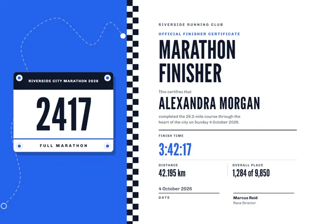 Royal Blue Starry Marathon Finisher Certificate template, A4 landscape, in royal blue