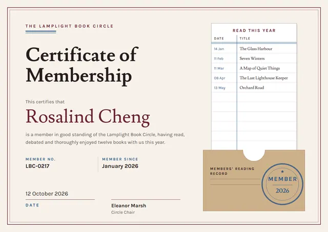 Burgundy Starry Book Club Membership Certificate template, A4 landscape, in burgundy