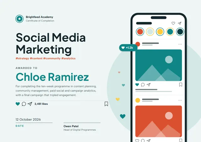 Midnight Sunburst Social Media Marketing Certificate template, A4 landscape, in midnight blue