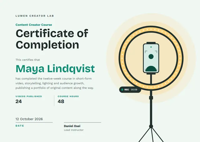Forest Green Ornate Content Creator Course Certificate template, A4 landscape, in forest green