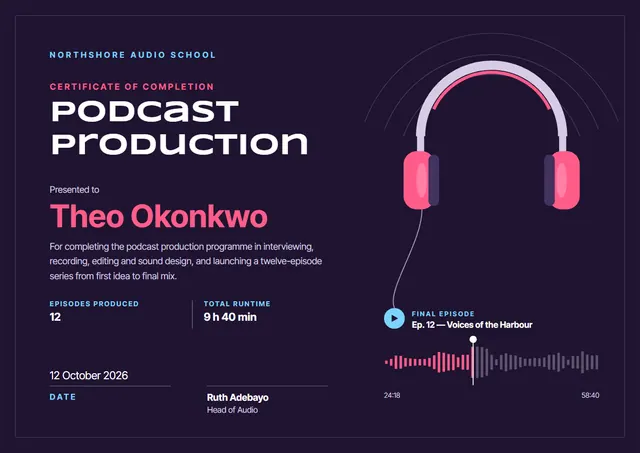 Midnight Wave Podcast Production Certificate template, A4 landscape, in midnight blue