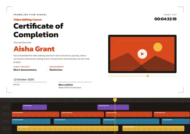 Chocolate Sunburst Video Editing Course Certificate template, A4 landscape, in chocolate