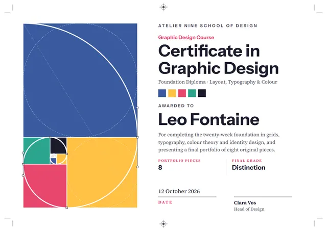 Steel Blue Modern Graphic Design Course Certificate template, A4 landscape, in steel blue