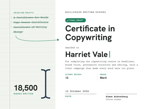 Emerald Banded Copywriting Course Certificate template, A4 landscape, in emerald