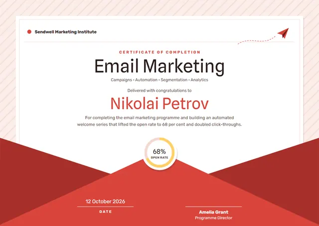Red Geometric Email Marketing Certificate template, A4 landscape, in red